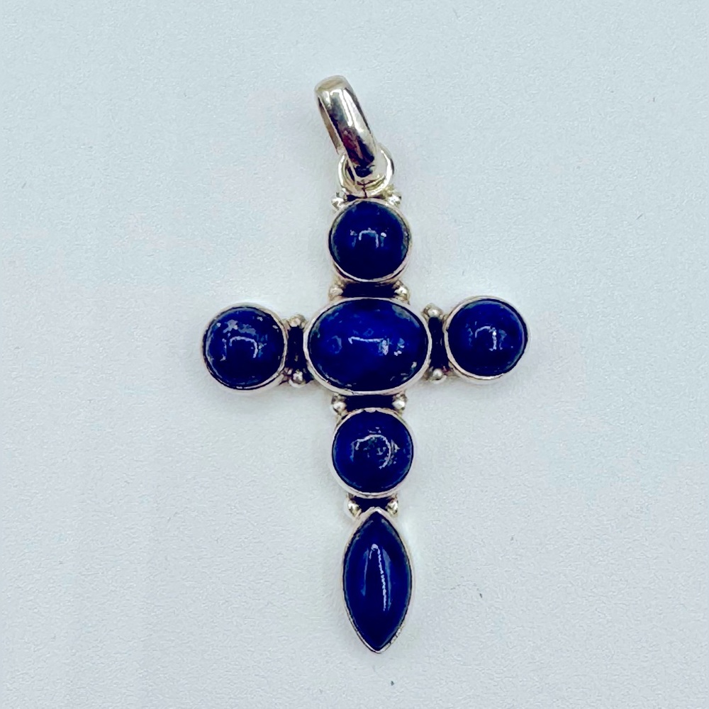 Premium LAPIS LAZULI & 925 Sterling Silver Cross Pendant 1.5 Inches